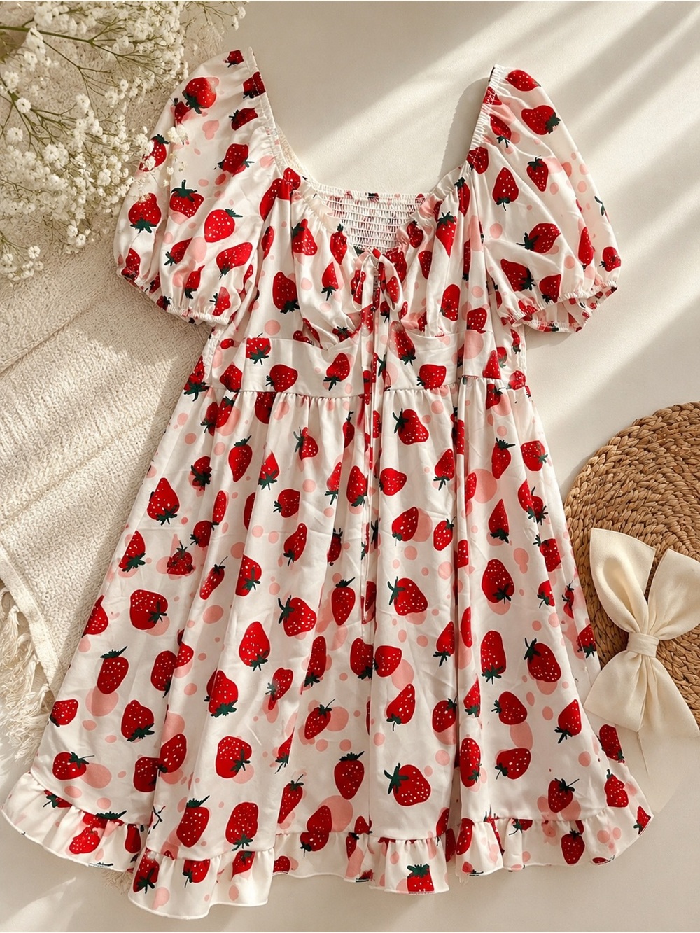 SHEIN curve Cute Strawberry Print White women’s  Dress with Puff Sleeves